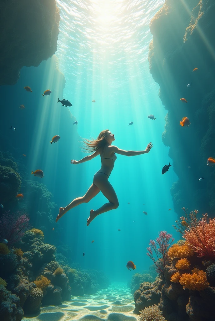 Design an image of a person swimming effortlessly underwater. Include marine elements like fish, coral reefs, and a clear, vibrant underwater environment. Highlight the ability to explore and breathe beneath the surface."