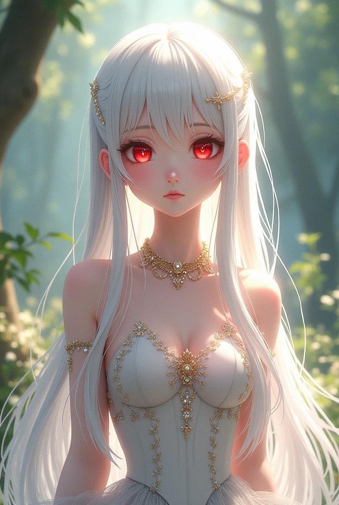 Beautiful girl. Long, straight, pure white hair, can have a soft light reflection. Eyes: Bright red, seems to shine with mystery and charm. Face: Beautiful, elegant, seems gentle and charming. Costume: Fairy style, can be light, airy costume, or classic design with sparkling details. Background: Dreamy, can be mythical or natural background, to highlight the character's sophistication. Complete appearance from head to toe and anime-like