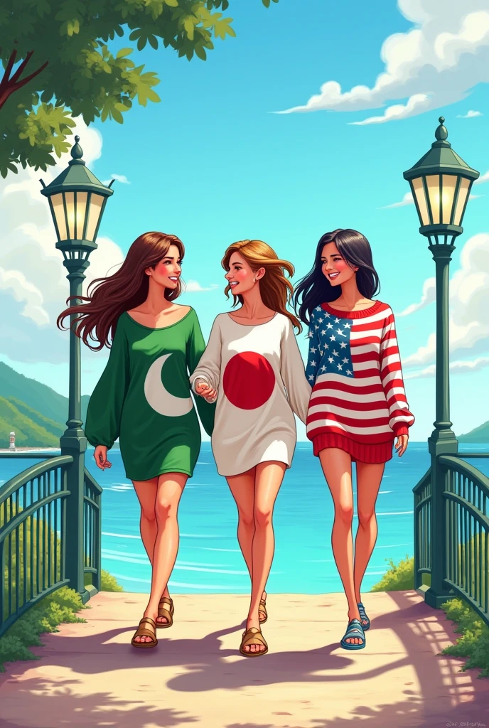 A Pakistan women ,A Japani women and american women visiting sea they walking at bridge of sea wearning there country flag design cloth cartoonic pic