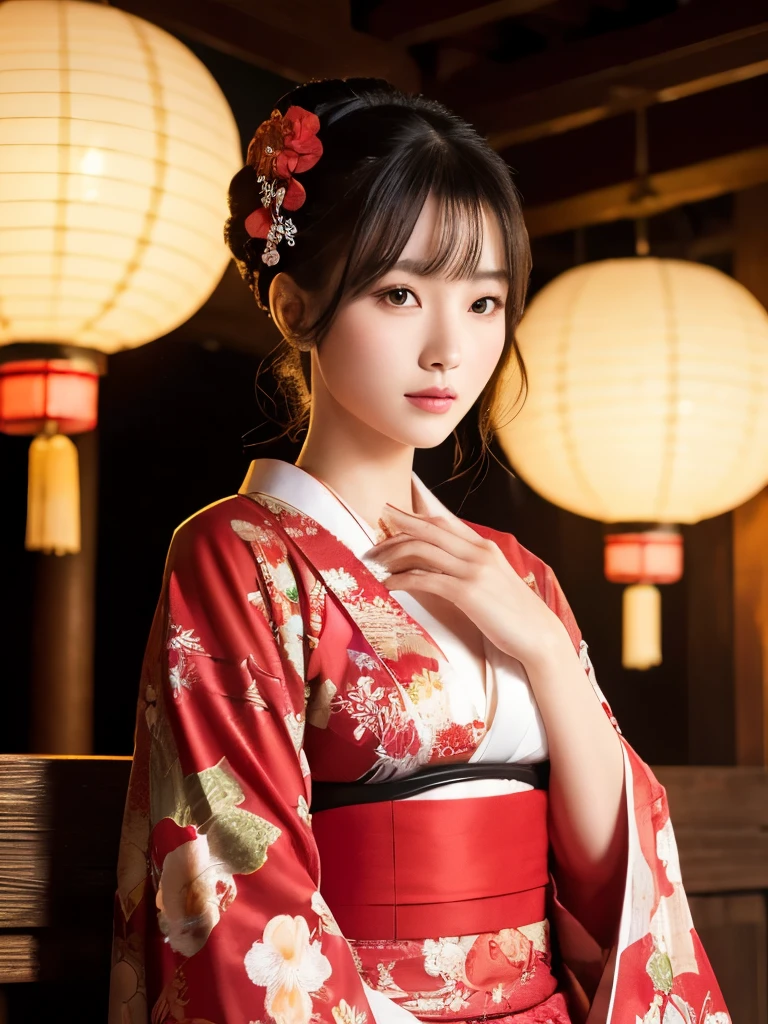 A highly detailed and visually striking portrait of a young woman in a traditional Japanese setting. She has long, dark hair styled in a loose updo, adorned with large red flowers on one side, adding a vibrant contrast against her fair skin. She is wearing a revealing, red, sheer bodysuit with intricate floral patterns, complemented by a matching red kimono that drapes over her shoulders. The kimono is decorated with white floral embroidery, enhancing the traditional aesthetic. The woman is sitting in a pool of water, with red petals floating around her, which match the color of her outfit. The lighting is warm and soft, highlighting the shine on her skin and the delicate textures of her attire. In the background, there are traditional Japanese lanterns emitting a soft, warm glow, further enhancing the intimate and cultural atmosphere. The overall mood is a blend of sensuality and traditional elegance, capturing the essence of Japanese beauty in a modern and artistic interpretation.