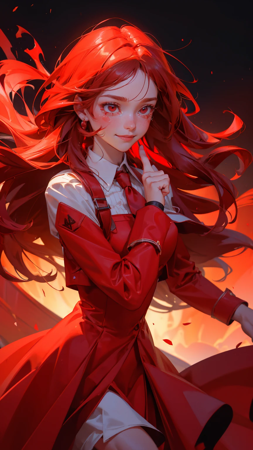 all red, bg red A beautiful, cute girl with long hair, dressed in a stylish, bright red suit with a matching red tie, giving a thumbs-up and smiling confidently. She has a comically exaggerated crying expression, tears streaming down her face. In the background, there's a red-themed financial chart with a sharp downward red arrow indicating a market crash. The entire backdrop is filled with various shades of red, with glowing red Bitcoin symbols and stacks of coins in flames at the bottom. The overall scene has a fiery, intense ambiance with lots of reds and a sense of financial turmoil