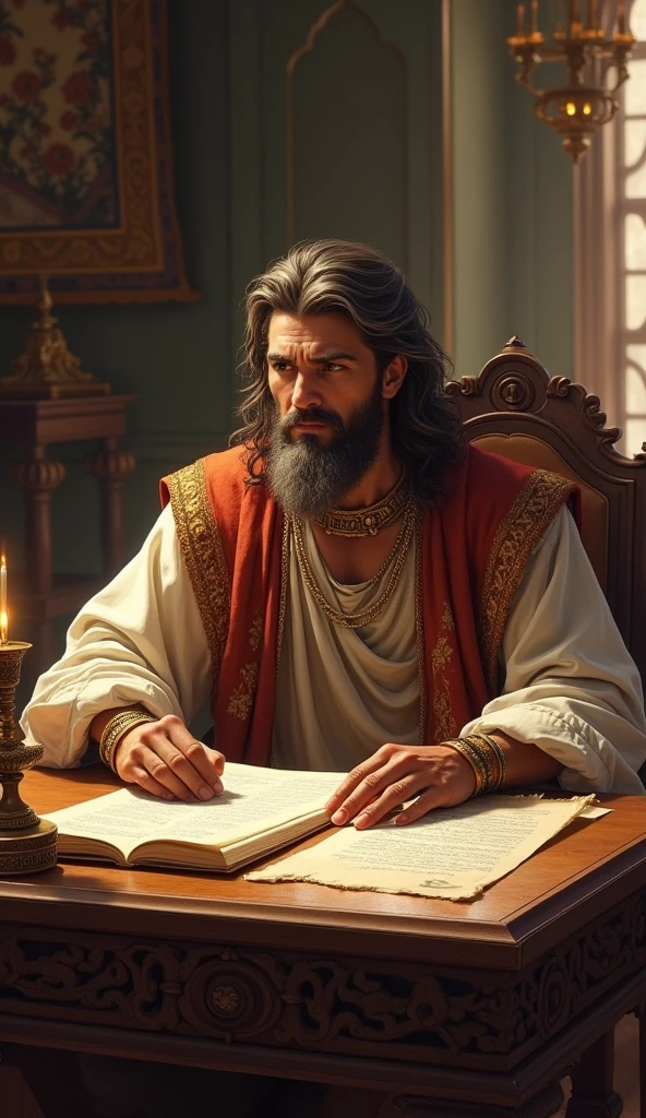 Create a realistic image of King Solomon in his palace, concentrated and inspired while writing the Proverbs. He must be sitting at an ornate wooden table, with parchments and quills around him. Soft sunlight streams through the windows, illuminating his thoughtful face. Ao fundo, it is possible to see elements of ancient culture, such as tapestries and valuables, that reflect their wisdom and wealth. Solomon&#39;s expression must convey depth and reflection, symbolizing the search for wisdom and understanding.