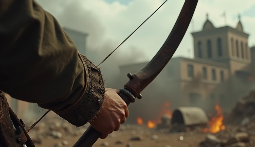Close-up of a rider's hand holding a bow, with destruction in the background --ar 16:9