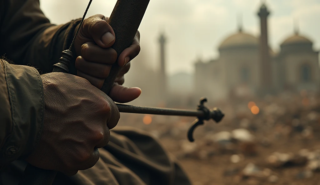 Close-up of a rider's hand holding a bow, with destruction in the background --ar 16:9