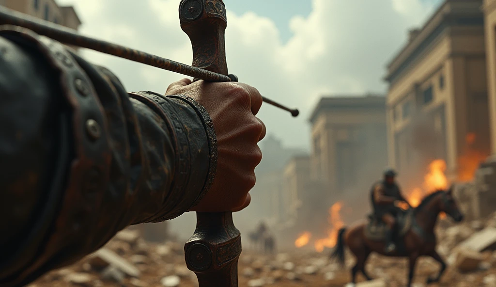 Close-up of a rider's hand holding a bow, with destruction in the background --ar 16:9
