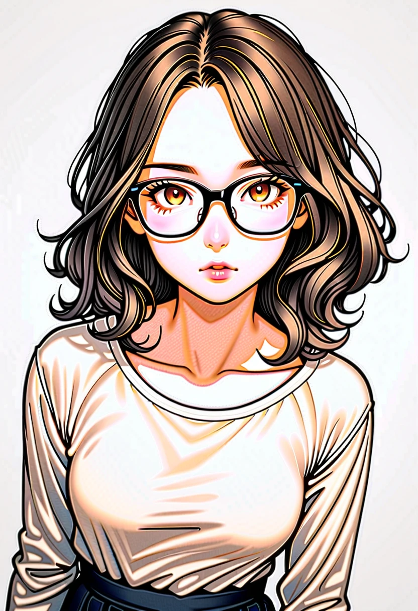 1 female, 30-year-old, alone, thin, slender, small breasts!!!, Loose curly hair, Bedhead, Forehead, thin, slender, (((glasses))), long sleeve T-shirt, Skinny skirt, Are standing, art, Colored pencil drawing, draft, White background, portrait