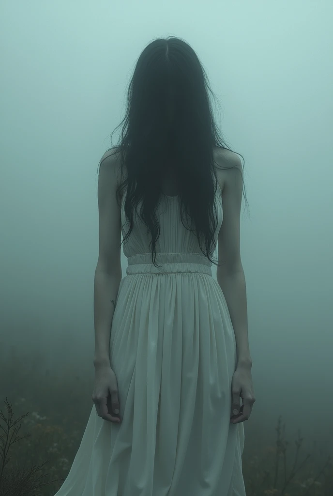 woman in a white dress, black hair, head down facing the image, with her hair covering her eyes, tense and gloomy atmosphere, amidst the fog