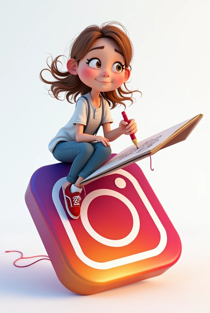 Create a 3D illustration of an animated  Sketch Artist character sitting casually on top of a social media logo "Instagram". And creating a Sketch 