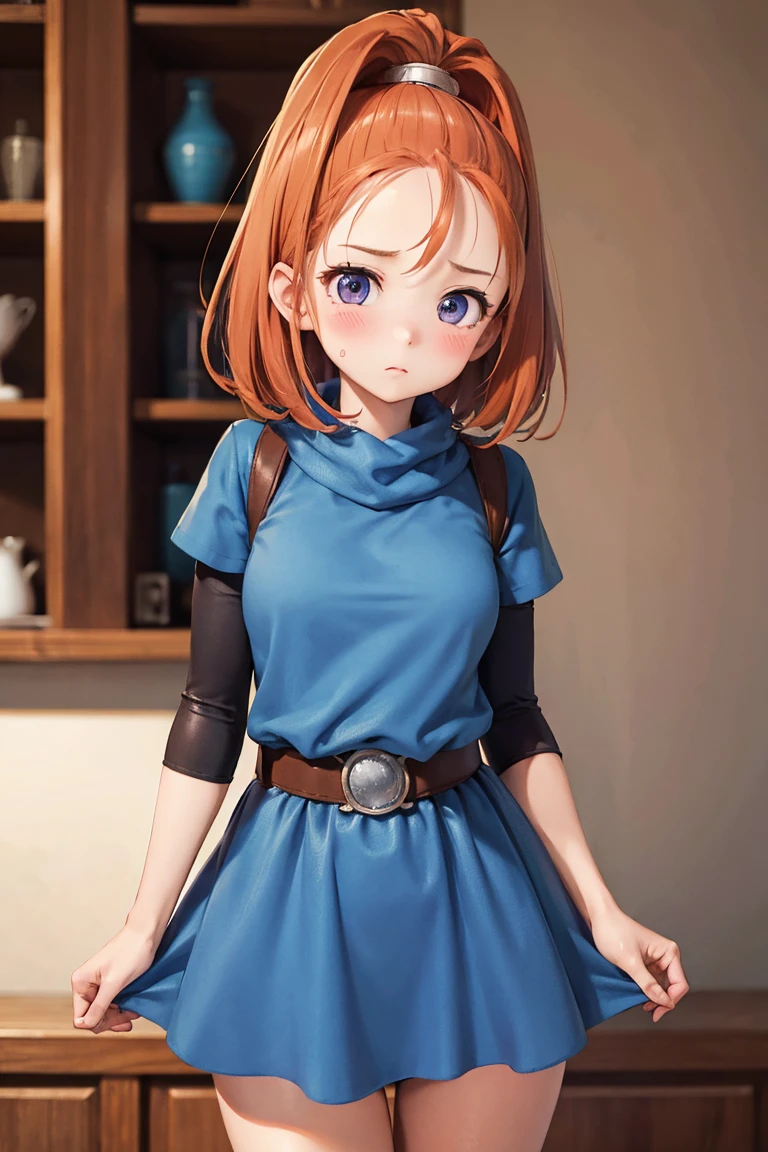barbara/(DQ6)、Slim figure、Medium Hair、blush、Very worried face、Blue Dress、belt、White Panty Shot