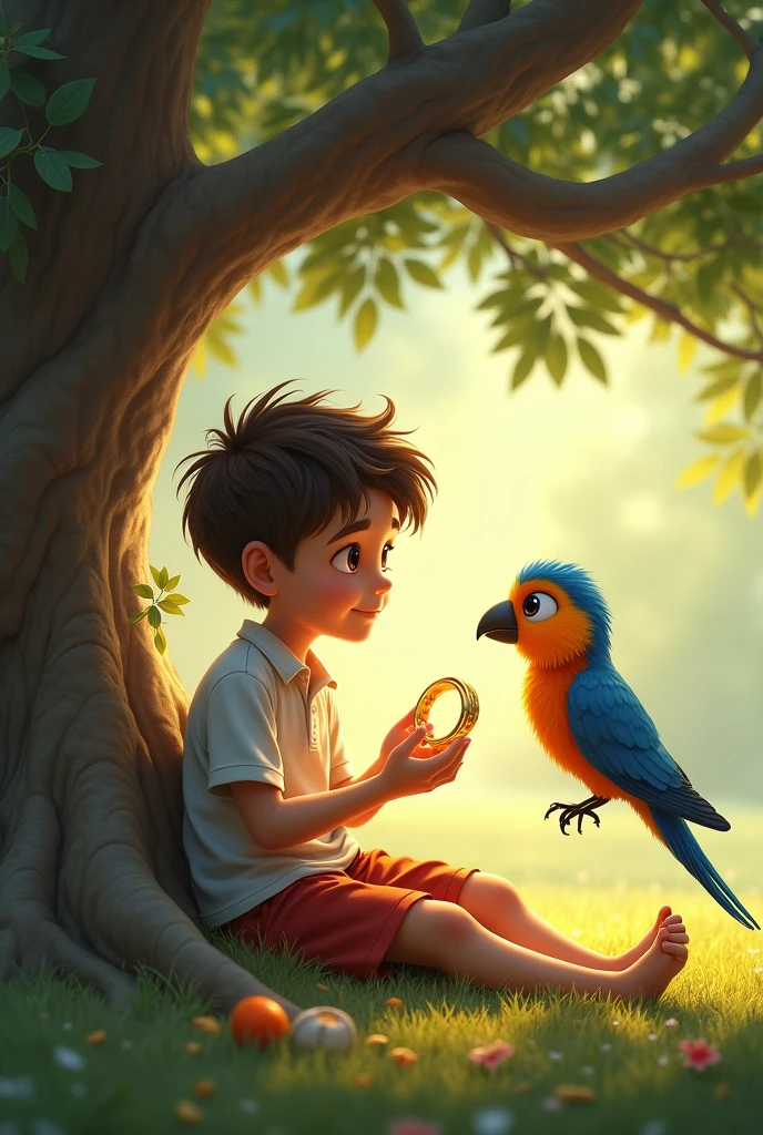 Suddenly a boy was sitting under a tree eating some food. Then suddenly a bird came and sat on his shoulder. Then the boy saw the bird and gave it some food. Then the bird ate and gave the boy a golden ring. The boy was very happy to get the gold ring.