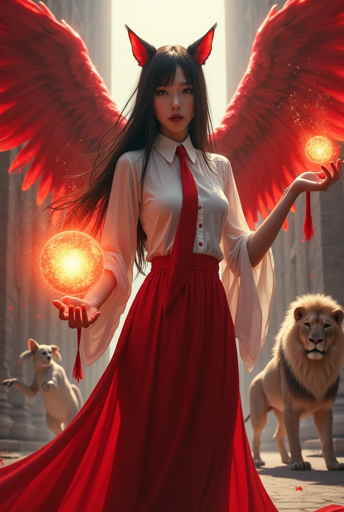 Asian Witch,black hair,Red body,cat ears,Long slender fingers,straight face,white collar shirt,Red and white tie,realistic ,Holding a fireball,A red angel flies behind.,There is a griffin,There is a lion..,Magic Castle