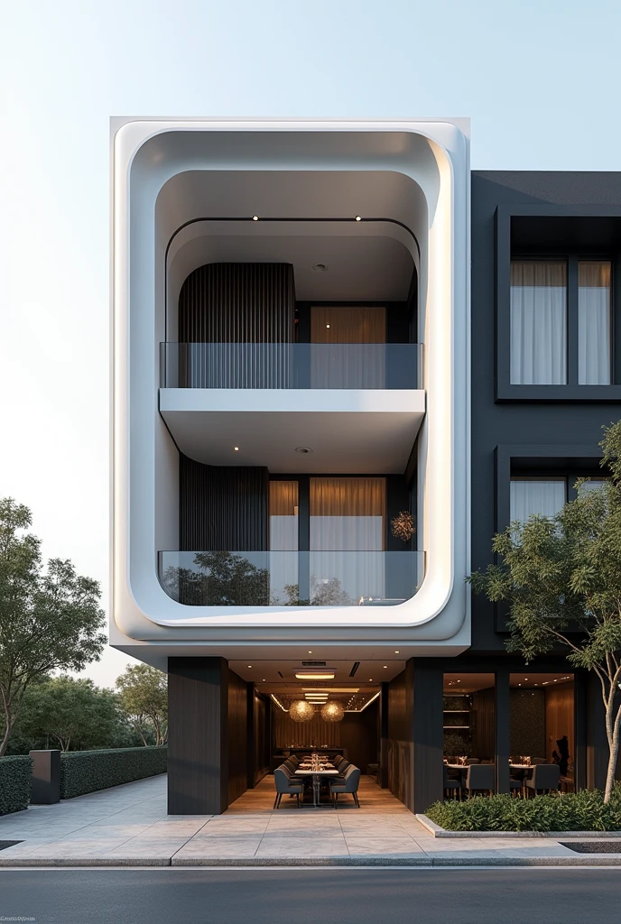 double skin facade architecture design in iran , facade of restaurant , 7.5 meter width, 22 meter height, front view, one sided , high quality rendering architecture,, in iran , cinematic , luxury architecture facade view , white and black material