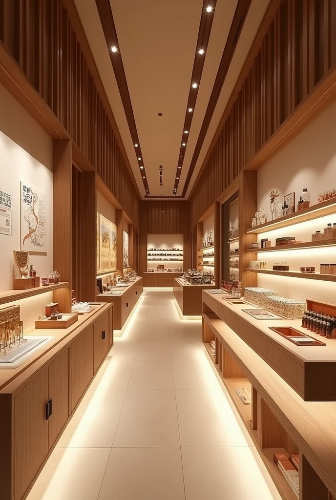 "Zuijiangyue" architectural store design,Mainly new Chinese wooden style,Horizontal,Makeup product store,There is a fragrance art display area. Please help me display the entire store.