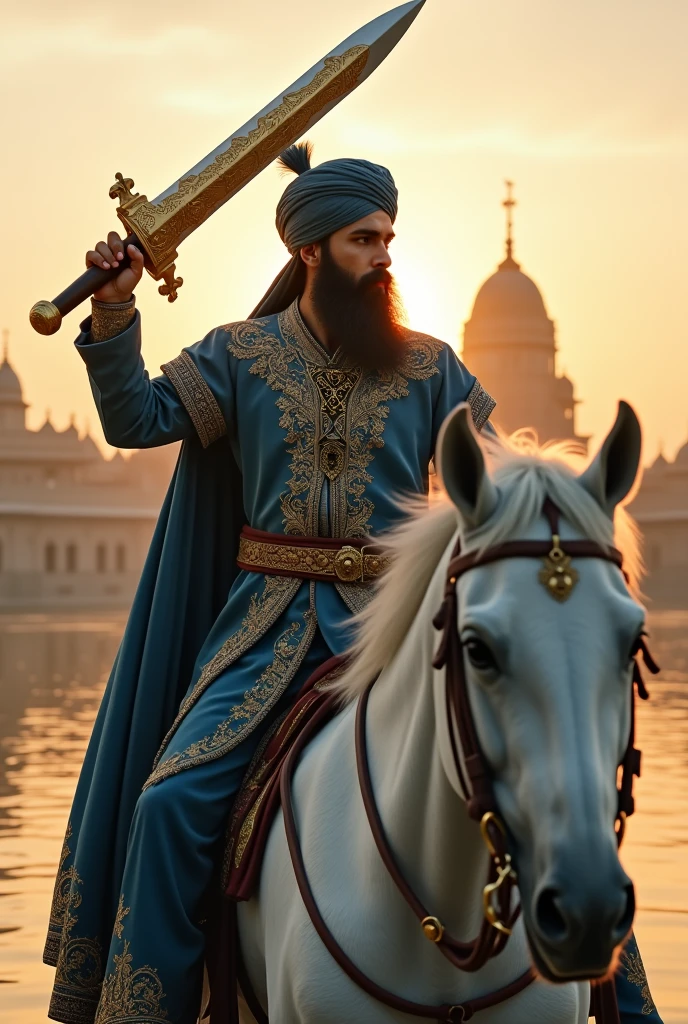 A majestic Sikh man, wearing intricately detailed blue warrior robes, sits atop a powerful white stallion. The robes are adorned with elaborate patterns and ornate designs, reflecting his noble and fearless character. He holds a gleaming golden scimitar high above his head, symbolizing strength and bravery. In the background, the sacred Golden Temple glows in the soft, golden light of dawn, its reflection shimmering in the surrounding waters. The scene is ultra-realistic and cinematic, capturing every detail with stunning clarity, from the texture of the man's beard to the fine stitching of his robes, and the proud stance of the stallion.