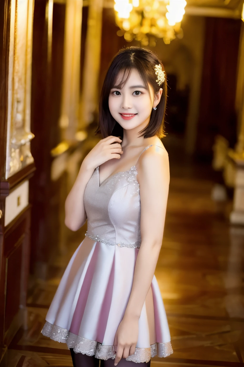 ulzzang-6500-v1.1, (RAW Photos:1.2), (Photorealistic), Beautiful detailed girl, (Genuine: 1.4), Very detailedな目と顔, Beautiful and fine details, (((Upper class girl in elegant formal dress of random colors:1.3)))、(Ultra-realistic pantyhose:1.2), (High heels:1.2), (I keep my hair short)、 (A very loving smile:1.2)、Large file size, High resolution, Very detailed, Highest quality, [masterpiece:1.6], Awareness-raising, Very detailed, Hmph, In detail, Highest quality, 8k wallpaper, Cinema Lighting, One Girl, , Perfect figure, Cute droopy eyes、Beautiful big eyes、 ((masterpiece)), Highest quality, One Girl, eye shadow, Upper Body, Portraiture, ((Full Body Shot:1.2))、