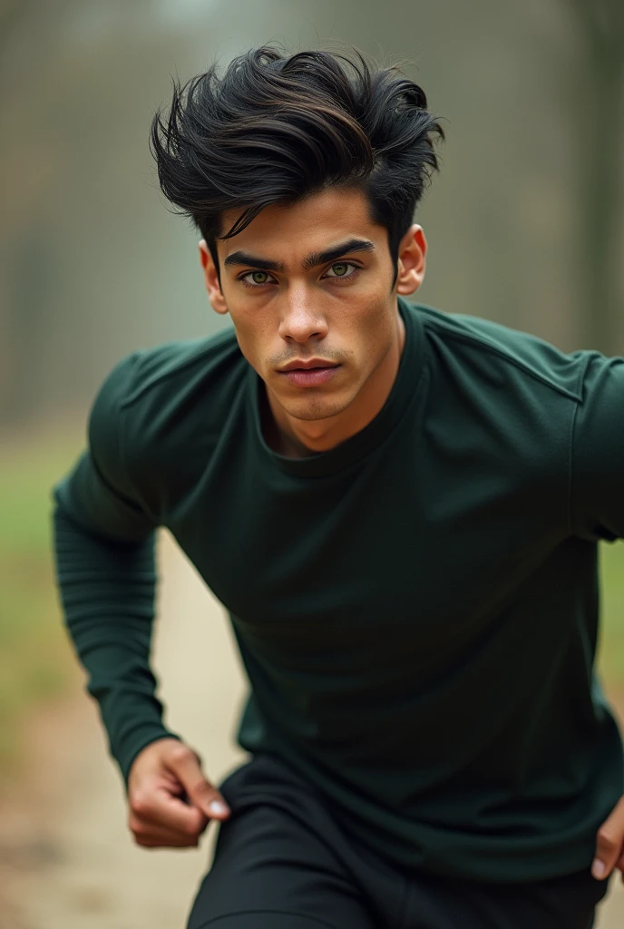A beautiful young man , green eyes and black hair, running,Mid Shot