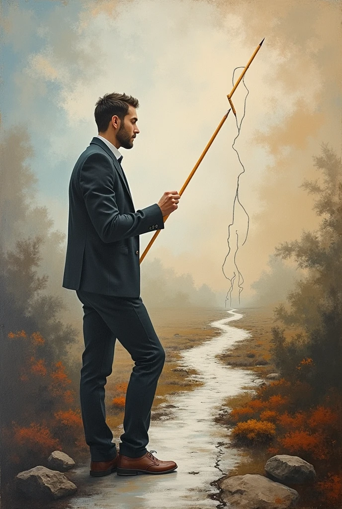A painting in a form of a man trying to step away from his original path
And drawing another one by the use of a pencil