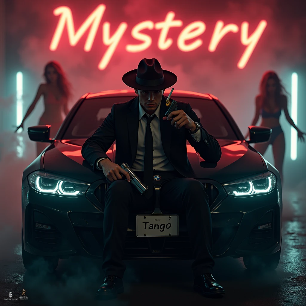 Create a realistic image where a 20 years old boy wearing black luxury suit and wearing a cap and hiding his face with circular cap and sitting on BMW car with number plate of tango, he's holding a gun in his hand, there is smoke in background and girls are dancing. In background the name "mystery" is showing in bold and neon effects just above the head of the character as per his name. He's smoking with his another hand and having gun in one hand.