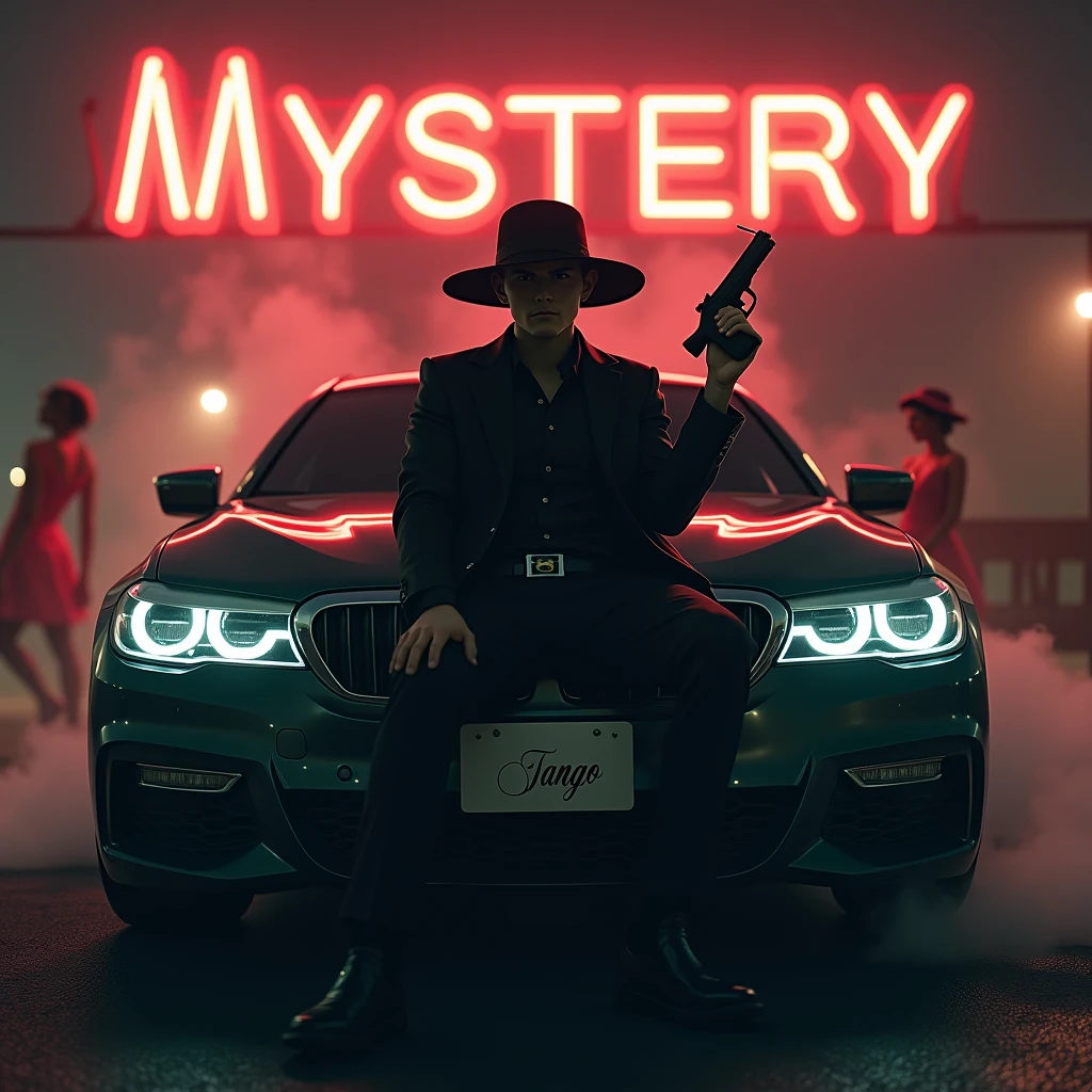 Create a realistic image where a 20 years old boy wearing black luxury suit and wearing a cap and hiding his face with circular cap and sitting on BMW car with number plate of tango, he's holding a gun in his hand, there is smoke in background and girls are dancing. In background the name "mystery" is showing in bold and neon effects just above the head of the character as per his name. He's smoking with his another hand and having gun in one hand.