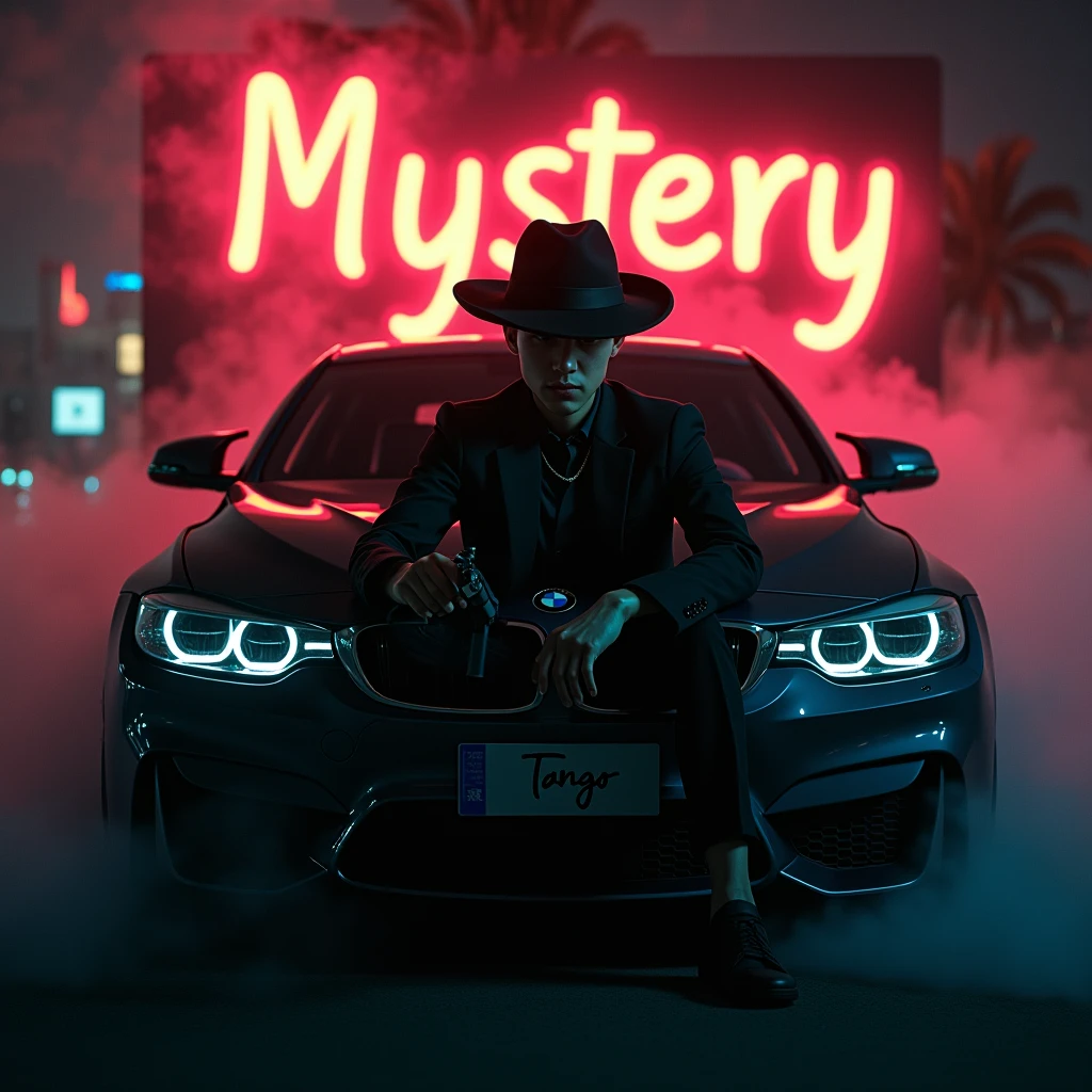 Create a realistic image where a 20 years old boy wearing black luxury suit and wearing a cap and hiding his face with circular cap and sitting on BMW car with number plate of tango, he's holding a gun in his hand, there is smoke in background and girls are dancing. In background the name "mystery" is showing in bold and neon effects just above the head of the character as per his name. He's smoking with his another hand and having gun in one hand.