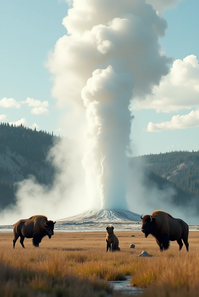 Closing Scene: A peaceful shot of wildlife in Yellowstone, with a geyser erupting in the background]