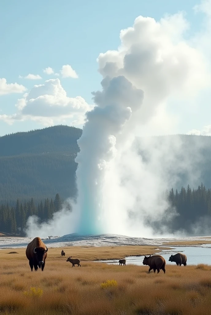 Closing Scene: A peaceful shot of wildlife in Yellowstone, with a geyser erupting in the background]