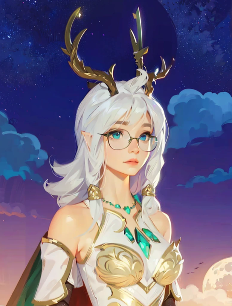 ((Best Quality, 8K, Masterpiece: 1.3)), best quality, ultra high res, texture, hyper realistic, masterpiece, detailed texture, detailed face, detailed skin, detailed lighting, (photorealistic:1.5), best quality, beautiful lighting, cinematic lighting, professional lighting, ultra highres, realistic, a woman with horns and a white dress standing in the sky, the goddess artemis smirking, wearing one pair of glasses, goddess of the hunt and the moon, portrait knights of zodiac girl, fey queen of the summer forest, portrait of a female druid, inspired in kris from deltarrune, an elf queen, goddess of the hunt, portrait of an elf queen