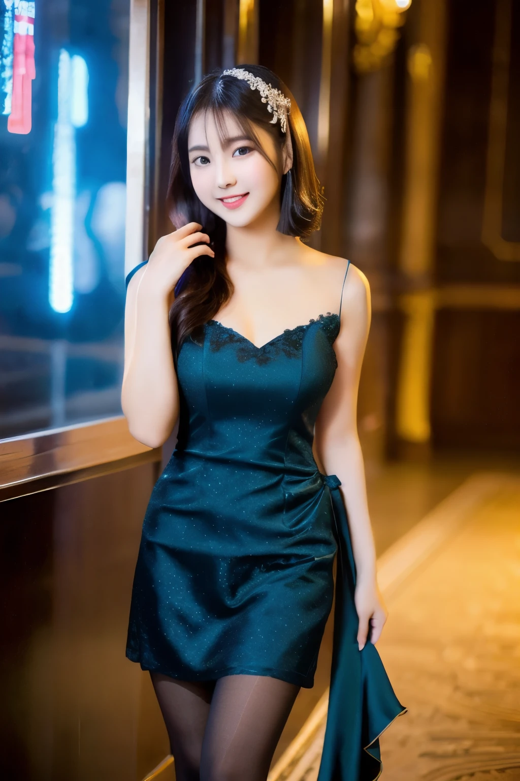 ulzzang-6500-v1.1, (RAW Photos:1.2), (Photorealistic), Beautiful detailed girl, (Genuine: 1.4), Very detailedな目と顔, Beautiful and fine details, (((Upper class girl in elegant formal dress of random colors:1.3)))、(Ultra-realistic hose:1.2), (High heels:1.2), (I keep my hair short)、 (A very loving smile:1.2)、Large file size, High resolution, Very detailed, Highest quality, [masterpiece:1.6], Awareness-raising, Very detailed, Hmph, In detail, Highest quality, 8k wallpaper, Cinema Lighting, One Girl, , Perfect figure, Cute droopy eyes、Beautiful big eyes、 ((masterpiece)), Highest quality, One Girl, eye shadow, Upper Body, Portraiture, ((Full Body Shot:1.2))、