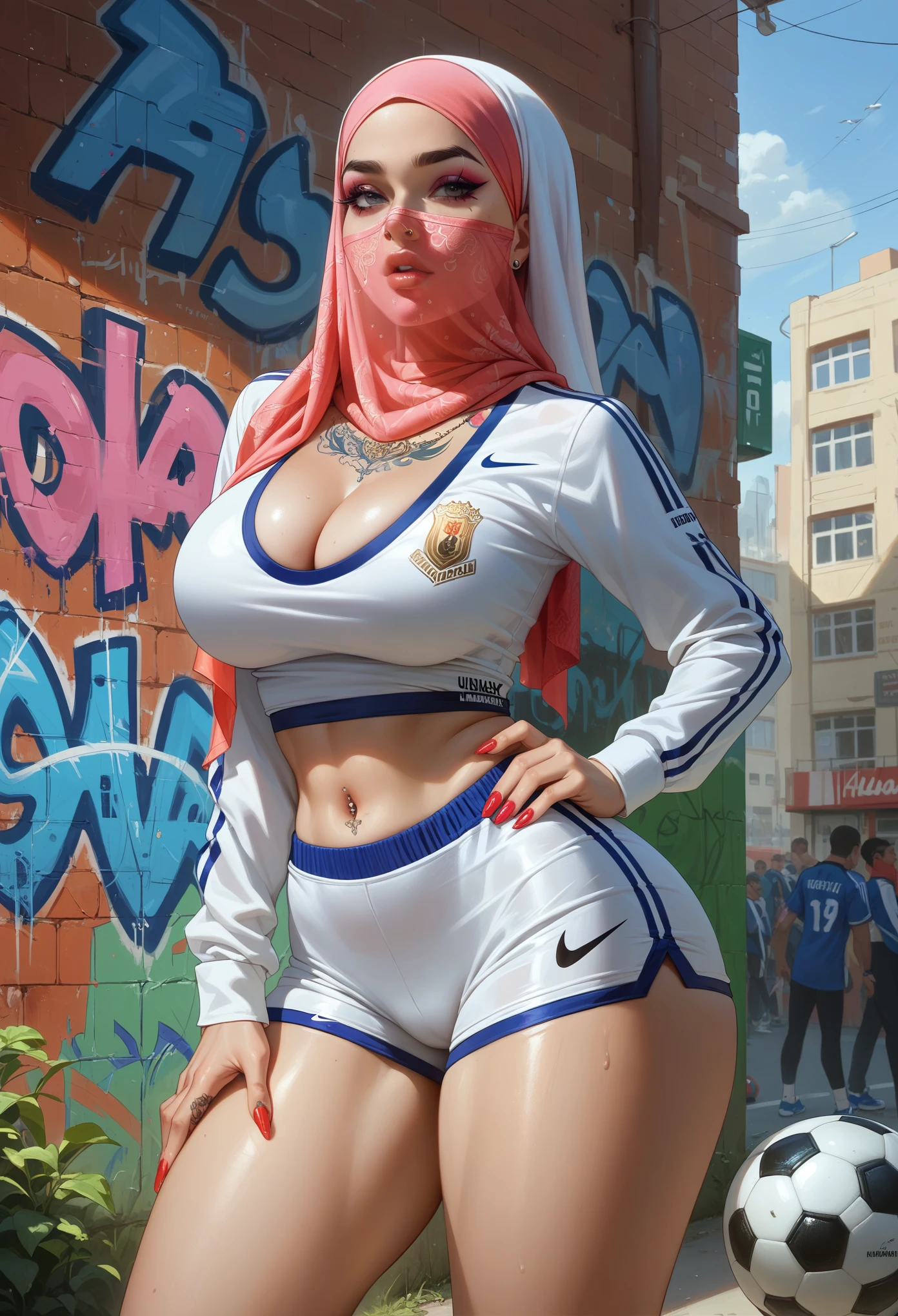 1 girl, silk hijab, face veil, wearing an arsenal red soccer jersey with an open cleavage, tight shorts, white nike heel sneaker, polished nails, glossy pucked lips, makeup, tattoos, belly piercing, big natural breasts, curvy hips, big rounded ass, standing in a street soccer field, painted with blue, outside, a giant wall full of graffiti, urban art style, sunnyday