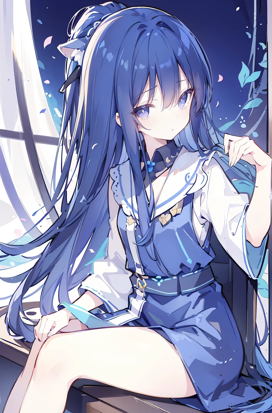 (Masterpiece:1.2),Ultra-detailed,lifelike,The eyes are expressive,Fair skin,Perfect face shape,1 girl,Japanese Manga,Gorgeous blue hair,Flowing blue hair,Flowing clothes,Cat ears,Petals falling,Shy face,sitting on window,Place your hand on your lips,masterpiece, absurdres, novel cover, cover illustration, 1girl, solo, dark blue-haired ponytail, mage robes, flower background, clock background, monochrome, line drawing