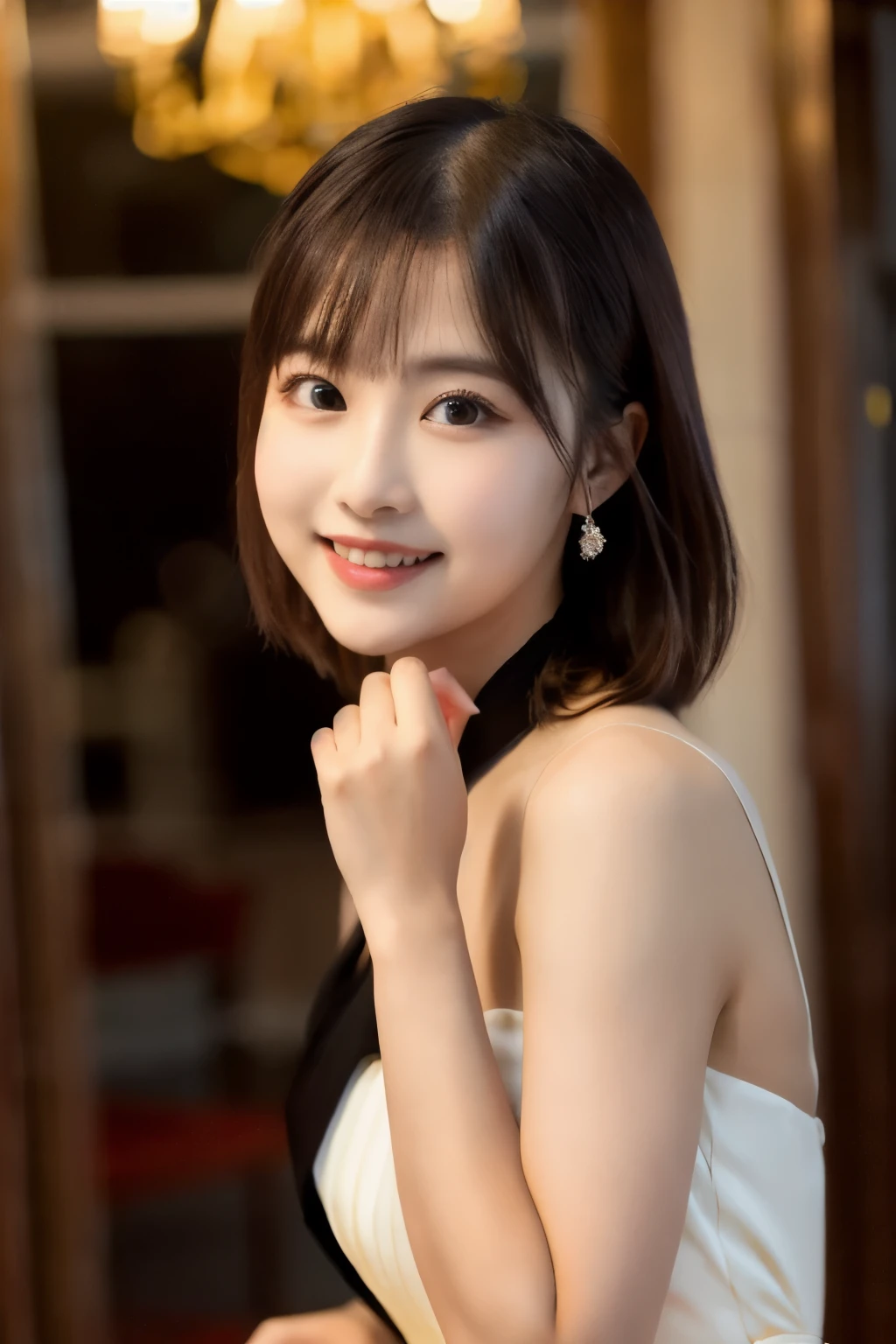 ulzzang-6500-v1.1, (RAW Photos:1.2), (Photorealistic), Beautiful detailed girl, (Genuine: 1.4), Very detailedな目と顔, Beautiful and fine details, (((Upper class girl in elegant formal dress of random colors:1.3)))、(Ultra-realistic pantyhose:1.2), (High heels:1.2), (I keep my hair short)、 (A very loving smile:1.2)、Large file size, High resolution, Very detailed, Highest quality, [masterpiece:1.6], Awareness-raising, Very detailed, Hmph, In detail, Highest quality, 8k wallpaper, Cinema Lighting, One Girl, , Perfect figure, Cute droopy eyes、Beautiful big eyes、 ((masterpiece)), Highest quality, One Girl, eye shadow, Upper Body, Portraiture, ((Full Body Shot:1.2))、
