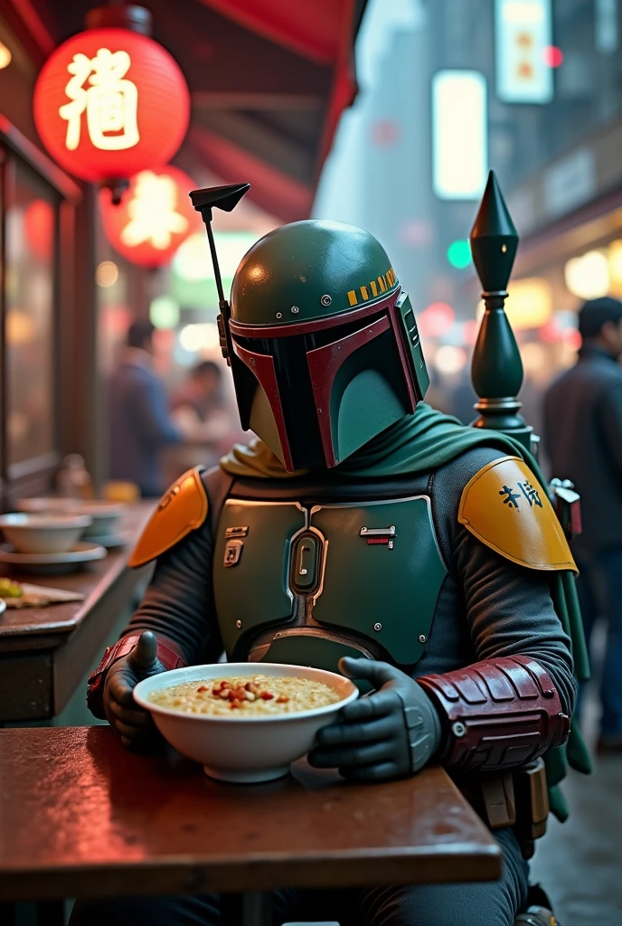 Boba Fett eating porridge at a food stall in Hong Kong、Star Wars、movie、Mandaean、