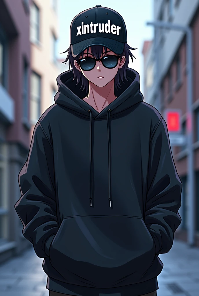 Anime character wearning hoodie, sunglasses, cap and on cap it is written XINTRUDER with bold font, and standing straight in fromt of camera 