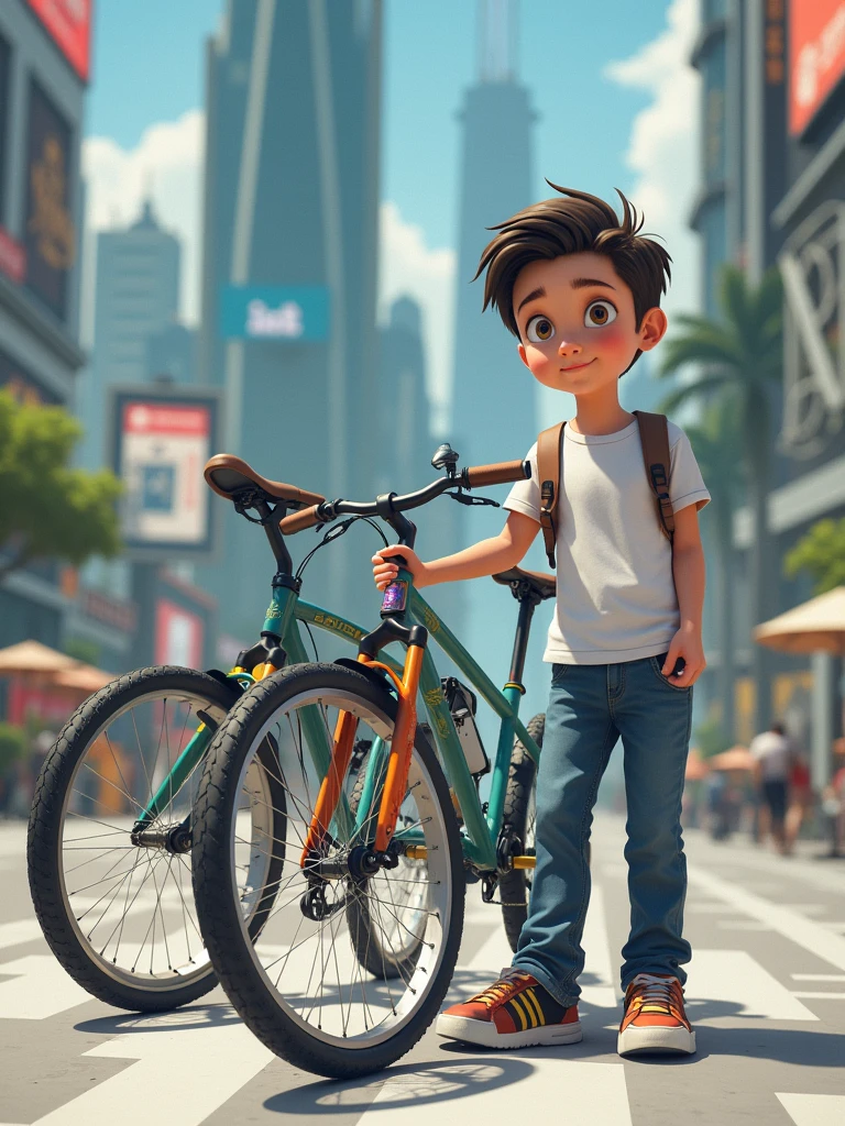 Boy bike stand in new work city