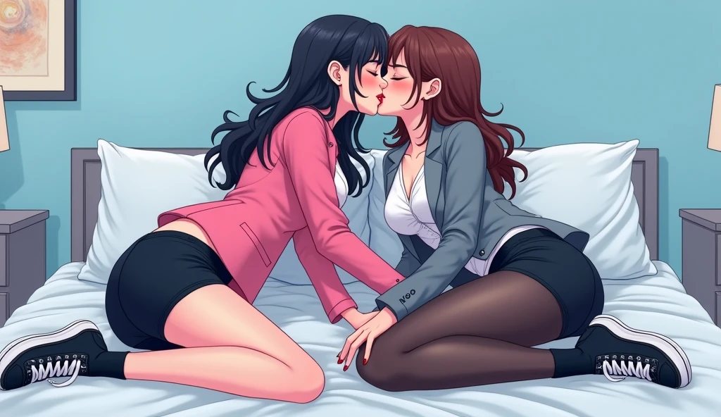 Two girls, long black hairs, yuri, lesbian
(The first girl wear a pink suit jacket, white shirt, black pencil skirt, black underpants, black tights, white socks, white sneakers high top)
(The second girl wore a grey suit jacket, white shirt, black pencil skirt, black underpants, black tights, white socks, white sneakers high top)
french kiss, lesbian kiss, hugging kiss, sensual body, insert one hand and touch the black underpants, insert finger into pussy, closed eyes, lying on the bed, light blue bedroom, novel cartoon, 4K, HD