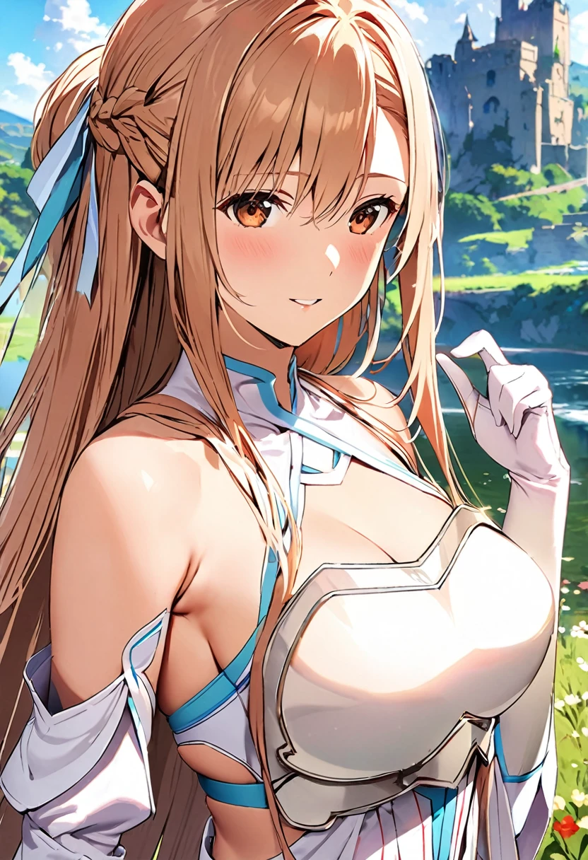 ((masterpiece)), Highest quality, Very detailed,(One Girl),Yuki Asuna、Asuna (stay), brown eyes, bare shoulders, breastplate, armor, detached sleeves, gloves, white gloves, dress, (red and white dress), Long Hair, Beautiful background ,Clothing,  chest, 