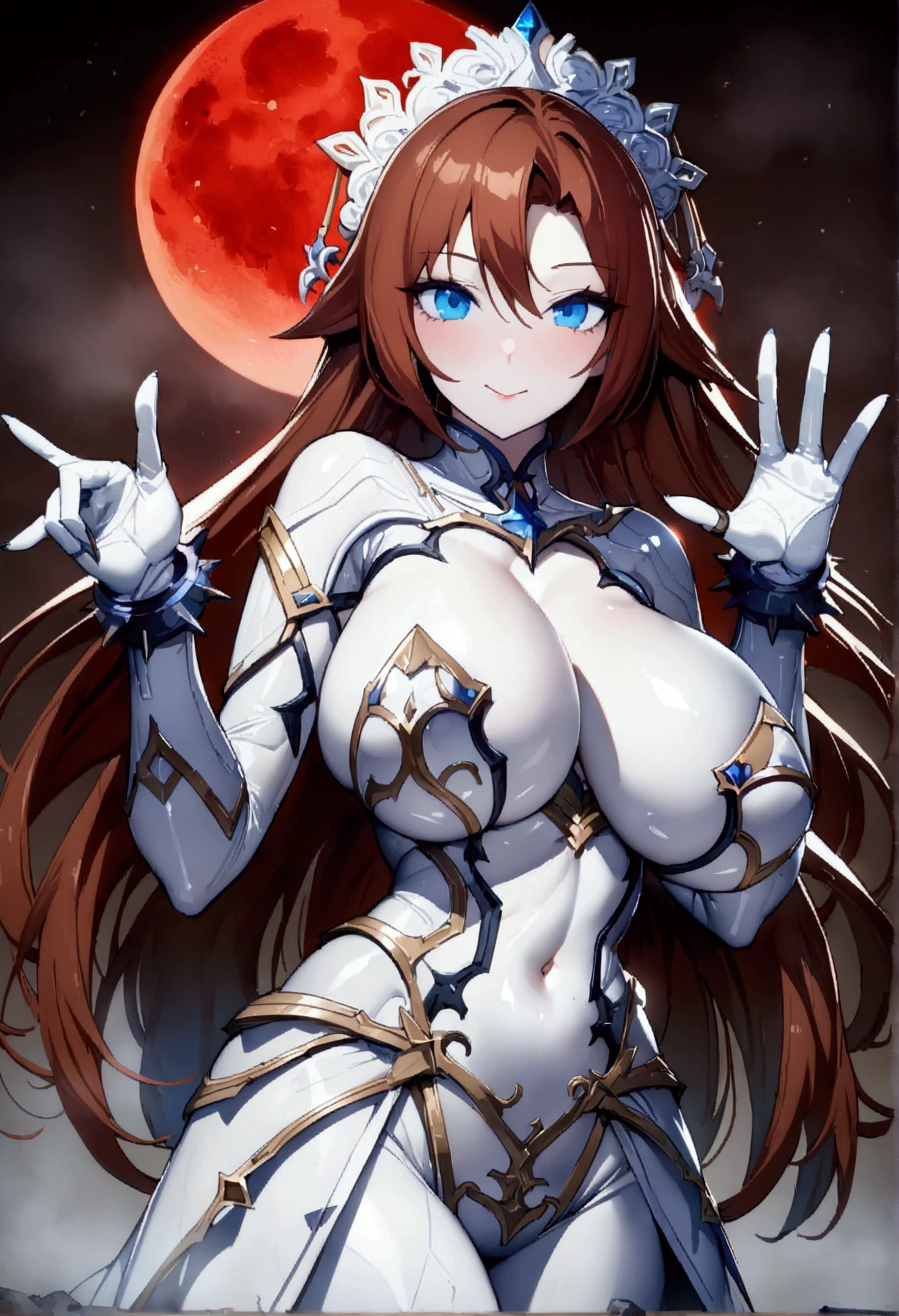 長い髪のbeautifulアニメ風の美女, (((Reddish brown hair)))Short hair neat,(((best quality)))Transparent hair,Playful faces,(((blue eyes)))beautiful女人充满快乐,(((Clearly defined, Attractive figure)))((Huge bust))Tight waist,(((Shiny white and grey strapless bodysuit armor))),Outer Skirt,(((Radical Princess)))Clothing that exposes breasts and navel,spiked bracelet,Headdress(((beautiful)))White skin,(((return々Striking a cool pose)))full-body shot,(((background)))wood,FOG,Red Moon,Mysterious Flower,Abandoned castle。