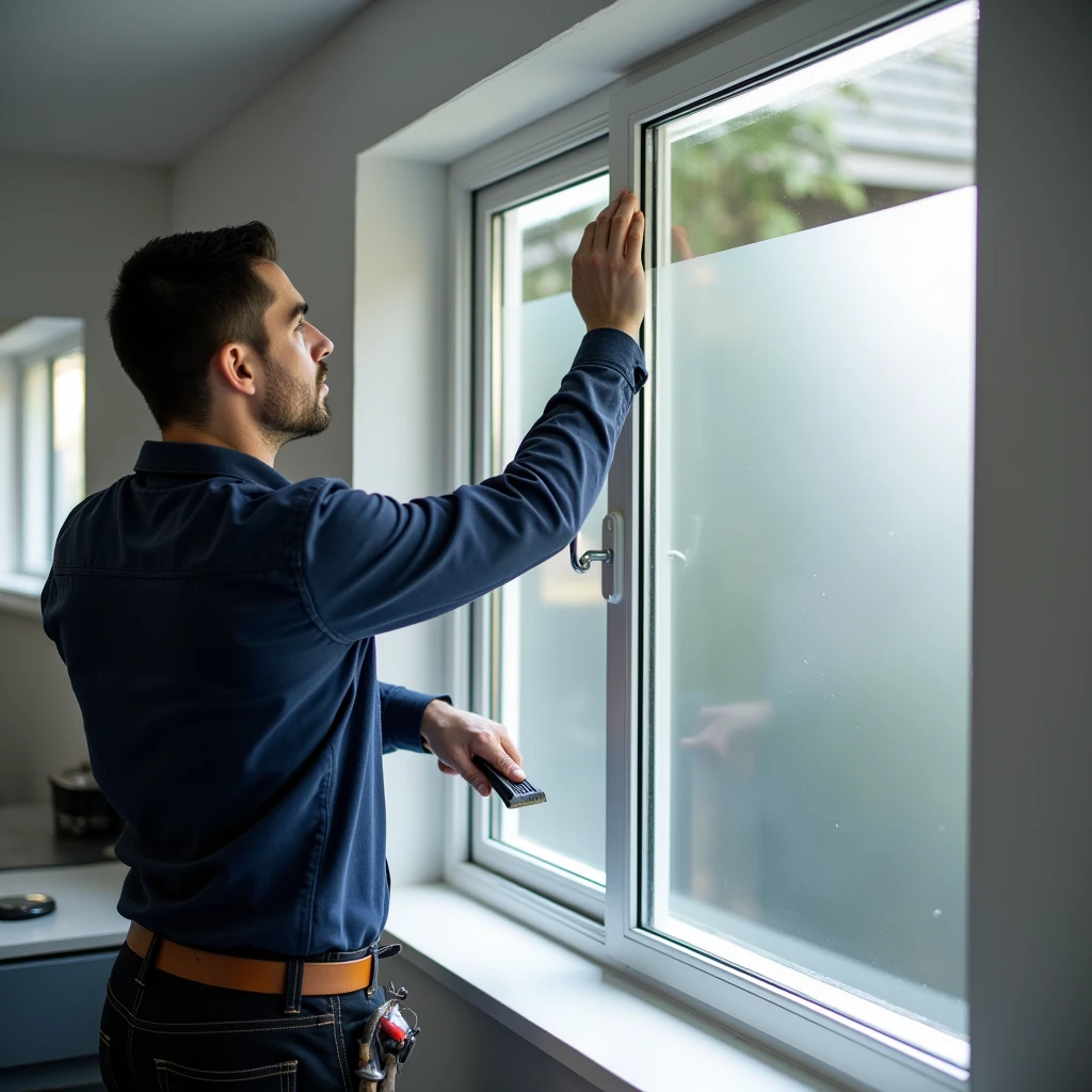 "Professional installation of gray mirror 10% window tint film. The image should show a technician applying a high-quality, gray mirror 10% tint film to a PVC window. The technician, equipped with tools such as a squeegee and utility knife, should be shown meticulously smoothing the film to ensure a perfect, bubble-free application. The background should feature a clean and well-organized workspace or a residential setting with the PVC window prominently displayed. Emphasize the precision and professionalism of the tinting process, showcasing the sleek, reflective appearance of the film and the technician’s careful attention to detail."