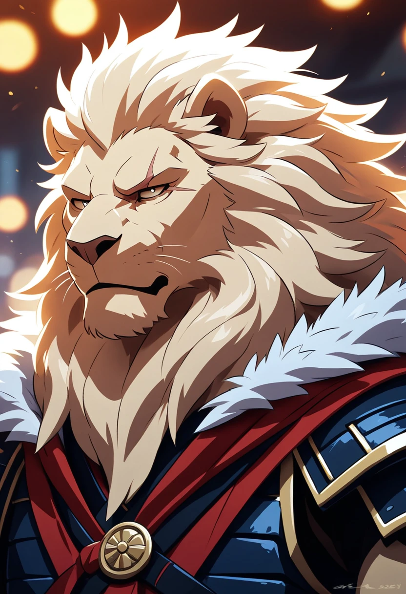 ultra detailed face, high details, old white anthro lion, named Vincent Frederick, ((white lion)) 4k,8k,high resolution, best quality, posted on e621, solo, anthro body, male, adult, masculine, correct anatomy, (detailsbackground, out-of-focus background:1.2), (by takemoto arashi:1.0), (by wfa:1), (by Taran Fiddler:0.5),(by Bontiage), a commander, (cel shaded, cartoony shading:1.2), moody expression, serious expression, grumpy expression, detailed face, good eyes, anime eyes, normal eyes, normal hands, black lineart, black outline, flat coloring, (strong shadows, dark shadows:1.2), at battle field, cloudy night, superior mane, a scar on left eye, center, a sheated sword on his side, wearing Samurai armour, red cape, first person perspective, superior mane, a scar on left eye, first person perspective, detailed portrait, correct anatomy, best quality, 4k, 8k, highres, masterpiece:1.2, ultra-detailed, anime, HDR, UHD, ultra-fine painting, sharp focus, physically-based rendering, extreme detail description, professional, vivid colors, bokeh.