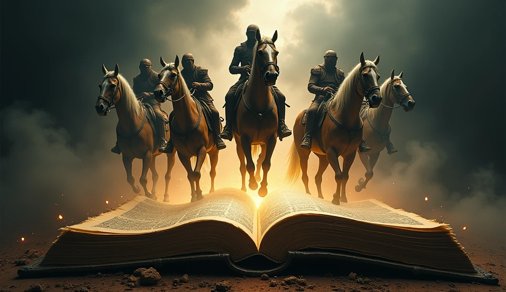 A dramatic scene of the Four Horsemen emerging from the pages of an ancient Bible --ar 16:9