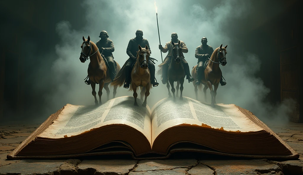 A dramatic scene of the Four Horsemen emerging from the pages of an ancient Bible --ar 16:9