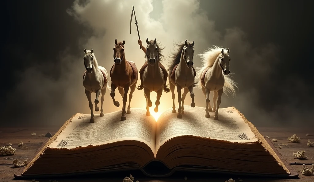 A dramatic scene of the Four Horsemen emerging from the pages of an ancient Bible --ar 16:9