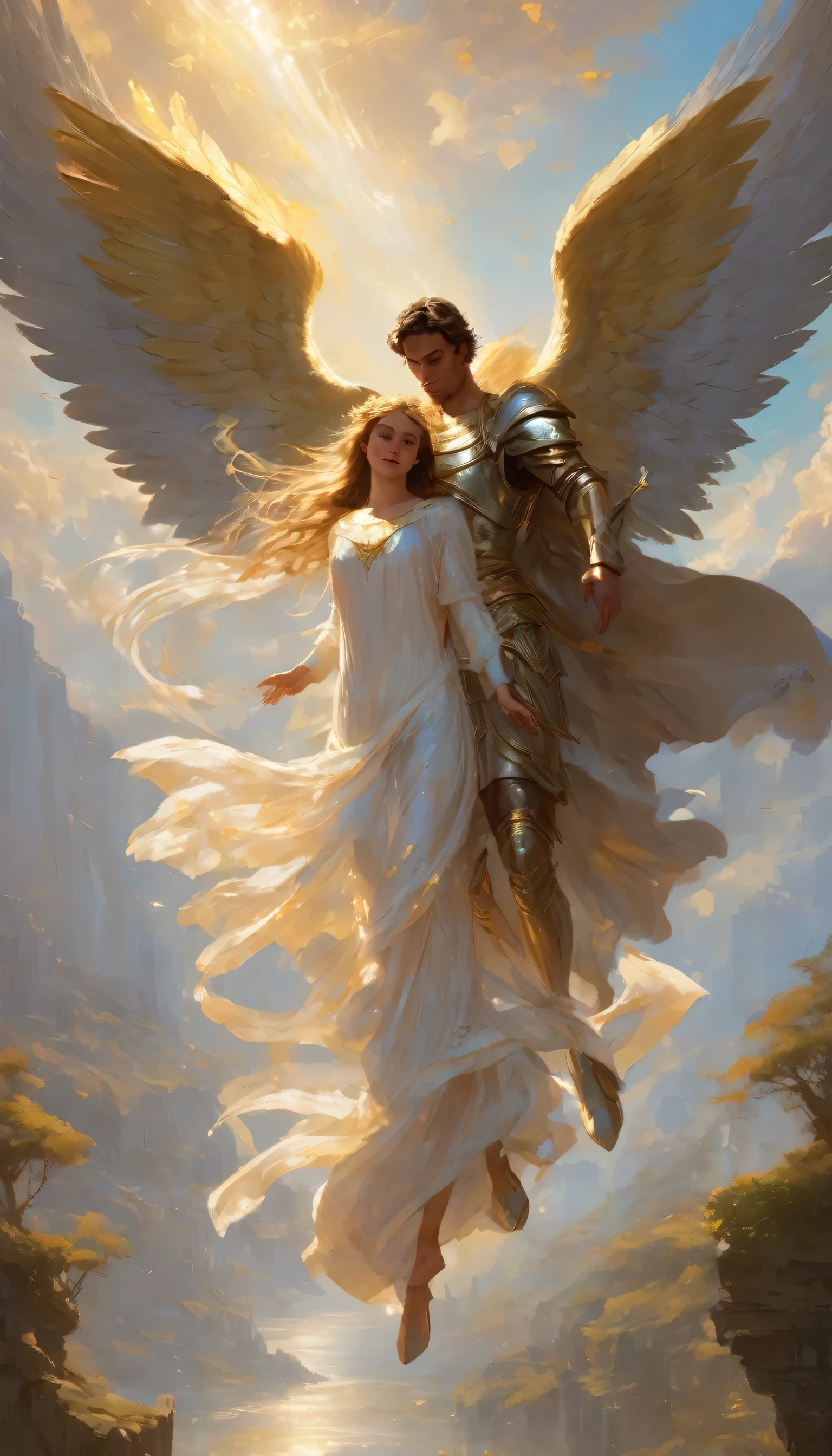 "A majestic and imposing male angel with large, radiant wings are depicted in a dramatic scene where he is saving a . O anjo, dressed in luminous armor and with a determined expression on his face, está segurando The girl nos braços. The girl, with a look of admiration and relief, is dressed in simple clothes. The background features a chaotic landscape that highlights the angel&#39;s heroic intervention., with intricate details and lighting that emphasize the texture of the wings and the emotions on both characters&#39; faces."