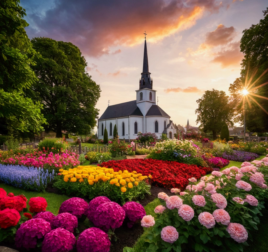 flower garden with church in the background