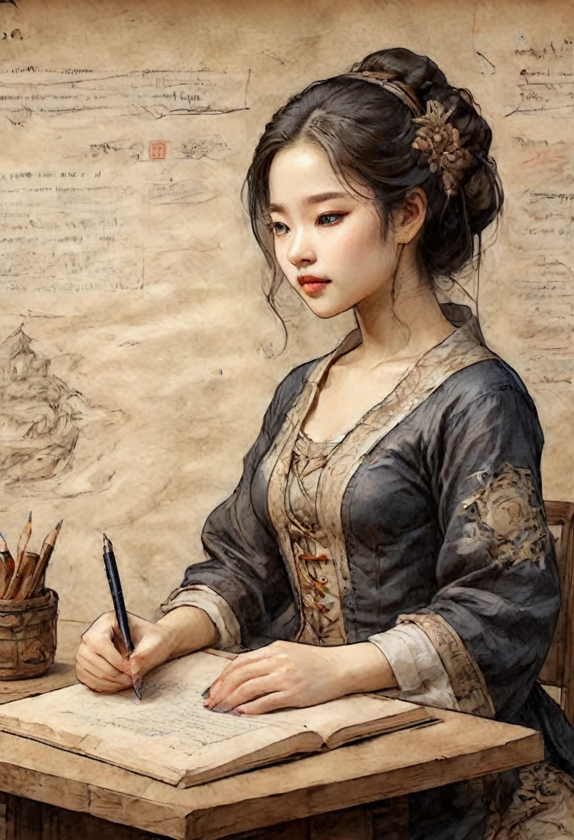 The girl is studying but is unable to concentrate, so she leans her elbows on the desk and stares blankly up at the sky.、Place your right hand on your chin、With a pen in my left hand、On parchmentは落書きが、Fantasy Style,Gorgeous details,Intricate details,masterpiece,Fine art,Baroque meets pastoral,On parchment,INK On parchment,古いOn parchment描かれた絵画、最高masterpiece、Highest quality、Painted in solid black、