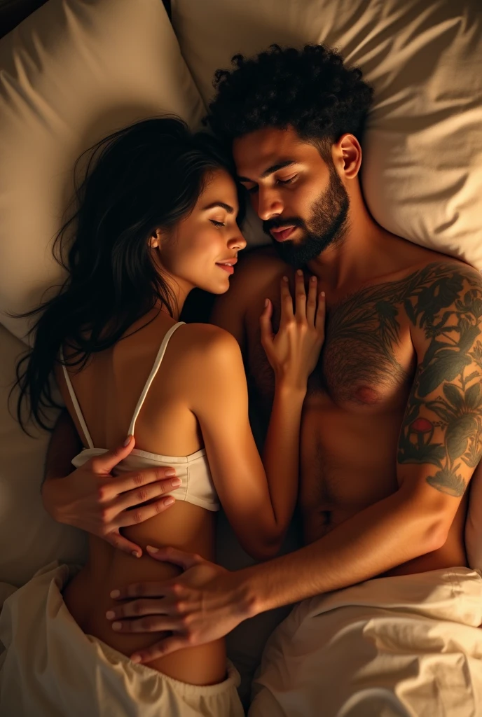 A hot brunette girl and a man with curly hair and beard lying in bed together. She lies tightly wrapped in his arms. Lovestroy.  er hat tattoos.  Body view, bright light, viewer, Looking into the camera. 