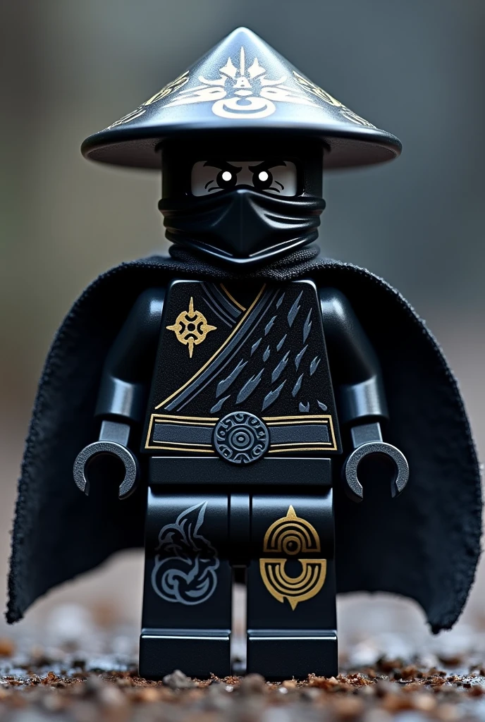 Créer moi un lego ninja go avec pas de muscles et ni de masque le premier maitre du spijisufuturiste de la dernière puissance fusionnaire doit être mauvais et doit être en lego un ninja avec un chapeau de paille noir, avec un bandeaux électronique noir cachant la bouche avec une cape noir ténébreux derrière le dos sombre et avec une peau noir foncé noir sombre et un regard terrible avec des yeux noir sombre avec une puissance incroyable avec comme puissance élémentaire l’électrique, l’énergie, la terre, le feu, la glace. Les habits du ninja doit être tout noir avec des traces grise bleu foncé avec des reure en forme de force, d'électricité, de feu en or ténèbres et des écritures japonaises et le parchemin du spinjisu interdit sacré le plus puissant en golden. Un ninja imbattable monstrueux beaucoup trop puissant qui contrôle tous les pouvoirs élémentaires. Le ninja doit être destructeur et soif de victoire un gentil et méchant avec un sabre et le parchemin du spinjisu interdit ninjago dans le dos et un symbole de lion sur le torse des habits. Avec des flammes violettes puissantes dans le ninja
