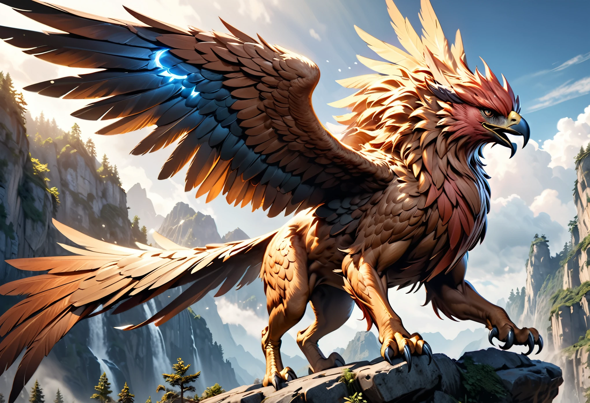intricate detailed fantasy griffin,flying griffin,magnificent winged griffin,magical mystical griffin,realistic photorealistic griffin,dynamic action pose griffin,(best quality,4k,8k,highres,masterpiece:1.2),ultra-detailed,(realistic,photorealistic,photo-realistic:1.37),dramatic lighting,vibrant colors,cinematic composition