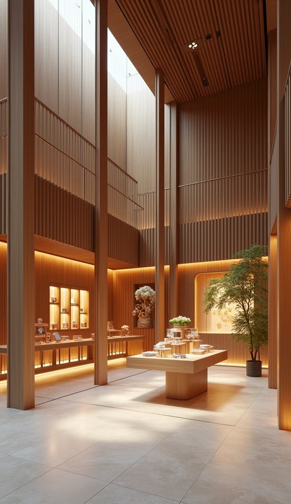 &quot;Zuijiangyue&quot; architectural store design，Mainly new Chinese wooden style，Makeup product store，There is a fragrance art display area. Please help me display the entire store.