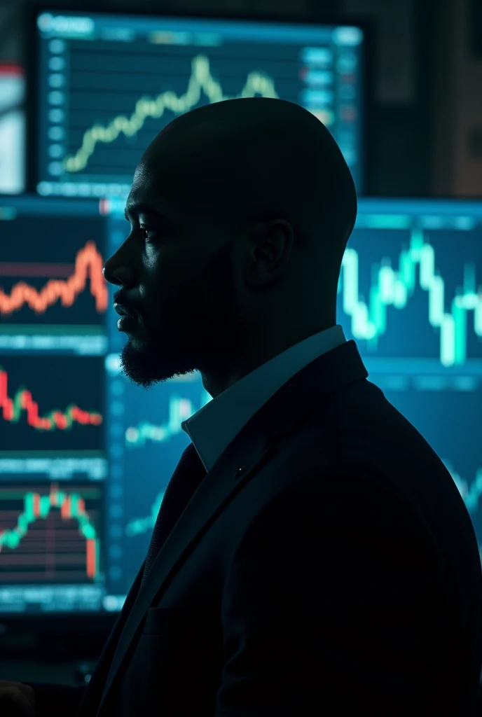 mAKE A HUMAN BEING, his name is IZZY FX, a forex trader known for his market Easy Trading abilities, black nigerian guy btw, dark enviroment surrounded with forex charts on screens, make it look like a movie poster, his face shouldnn't show it should be covered in shadow, he has bald head, amd looks like sharp, he likes bikes and luxury cars